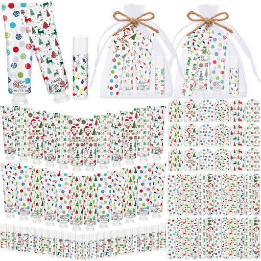 48 Sets/288 Pcs Christmas Party Favors Christmas Hand Cream Body Lotion Lip Balm Nail File Gifts Set Xmas Stocking Stuffers Travel Size Lotion Bulk Holiday Party Supplies for Coworkers Women Adults