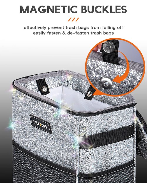HOTOR Car Trash Can with Lid and Storage Pockets - 100% Leak-Proof Organizer, Waterproof Garbage Can, Multipurpose Trash Bin for Car, 2 Gallons, Sparkle White