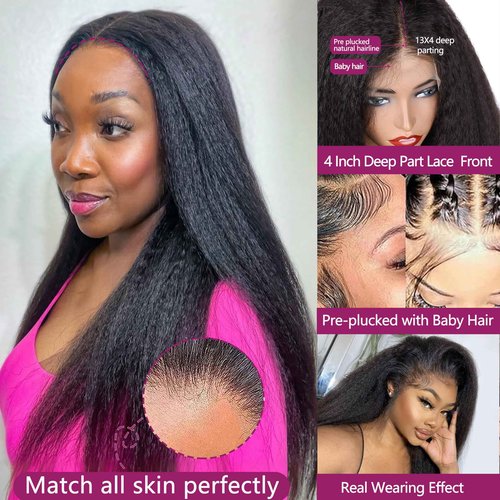 ZIYU Kinky Straight 13x4 Lace Front Wig Human Hair, Kinky Straight Wigs Human Hair Pre Plucked Hairline with Baby Hair, 180% Density Yaki Straight Frontal Wigs for Women Natural Black Color 14 Inch