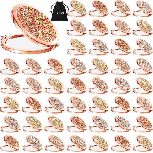 Cindeer 48 Pcs Small Compact Mirror Folding Pocket Makeup Round Hand Held Cosmetic Magnifying Compact Rhinestone Mirror with 1X/2X Magnification for Women Girls Travel (Classic Colors)