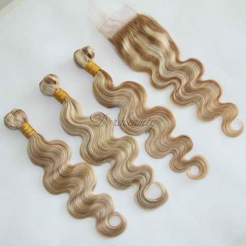 8A Highlight Blonde Human Hair 3 Bundles With 4×4 Lace Closure Pre Plucked P8/613 Two Tone Brown Mixed Ombre Body Wave Brazilian Virgin Human Hair 10+12 14 16 inch