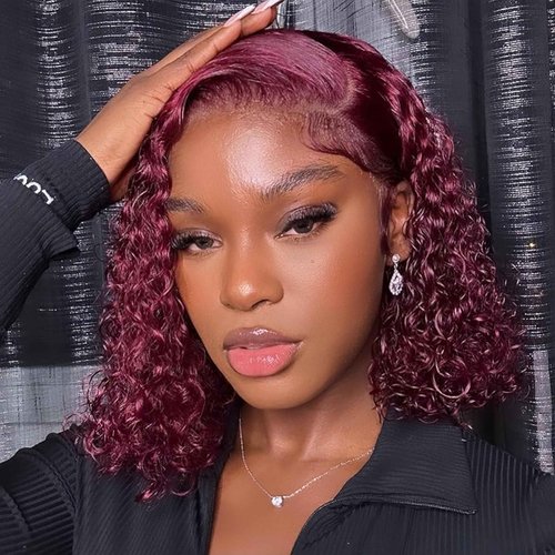 Realloves 8 Inch 99J Burgundy Deep Wave Curly Bob Wig for Black Women 180% Density Human Hair 13x4 HD Lace Front Wigs
