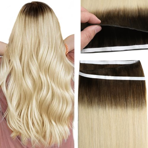 Lacer Genius Weft Tape in Hair Extension Human Hair Tape in Human Hair Weft Hand Tied For Women Rooted Darkest Brown to Platinum Blonde 20 Inch 60g