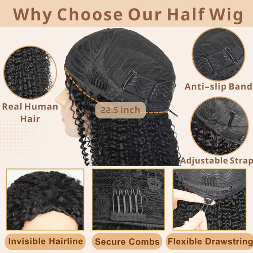 Rsshnlo Kinky Curly Half Wig Human Hair 200% Density 3 In 1 Glueless Wear and Go Kinky Curly Wig Human Hair Seamless Flip Over Wig Drawstring Headband Wig Beginner Friendly 18 Inch