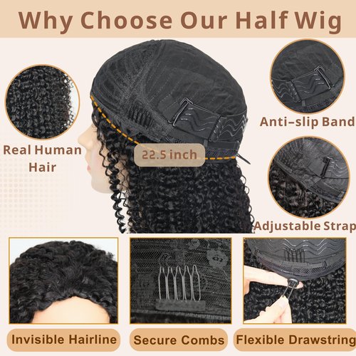 Rsshnlo Kinky Curly Half Wig Human Hair 200% Density 3 In 1 Glueless Wear and Go Kinky Curly Wig Human Hair Seamless Flip Over Wig Drawstring Headband Wig Beginner Friendly 16 Inch
