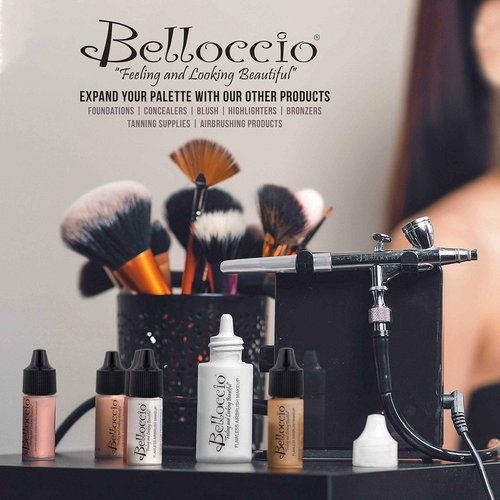 Belloccio Professional Beauty Airbrush Cosmetic Makeup System with 4 Medium Shades of Foundation in 1/4 Ounce Bottles - Kit Includes Blush, Bronzer and Highlighters