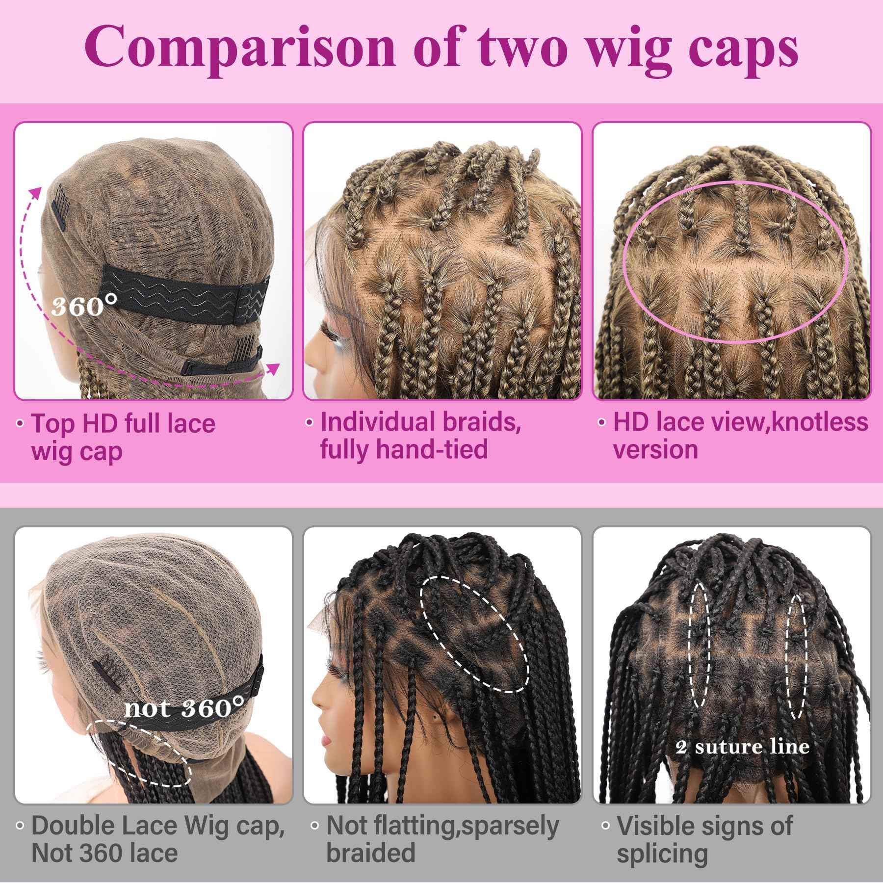 KERNORV 360° HD Full Lace Knotless Boho Braided Wigs for Women Full Lace Box Braid Wig with Baby Hair Premium Synthetic Lace Front Braided Wigs with Curly Ends 36" Light Brown