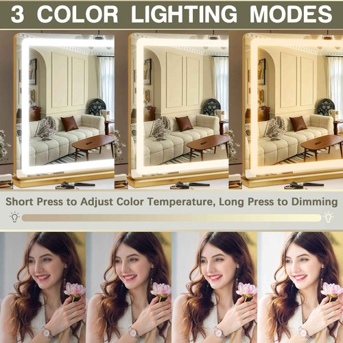 ROLOVE Gold Vanity Mirror with Lights, 32" x 22" Large Lighted Vanity Mirror with Dimmable 3 Modes, LED Makeup Mirror, USB Charging Port, Tabletop or Wall-Mounted