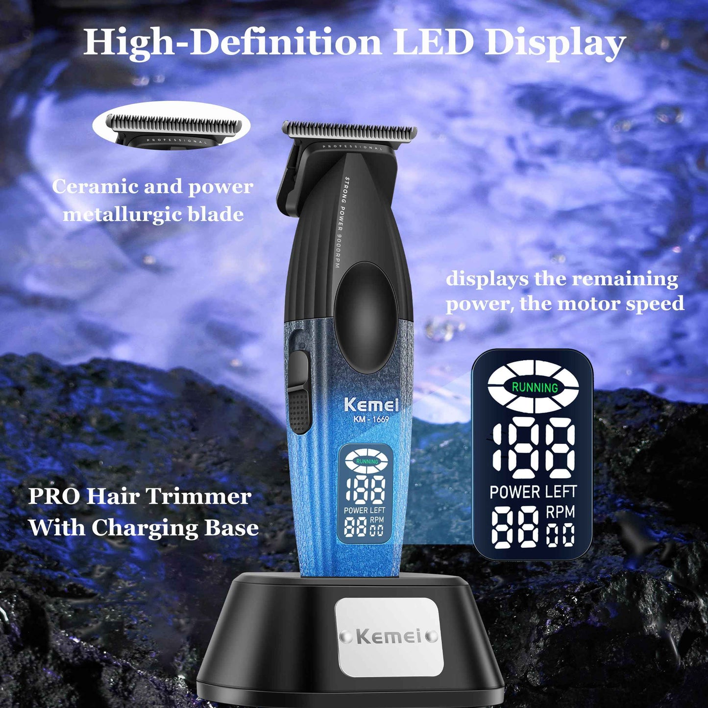 KEMEI 1669 Beard Trimmer for Men, Cordless Hair Trimmers with LED Display, 9000 RPM Hair Clippers for Barber with Charging Base, DLC Coated T-Blade