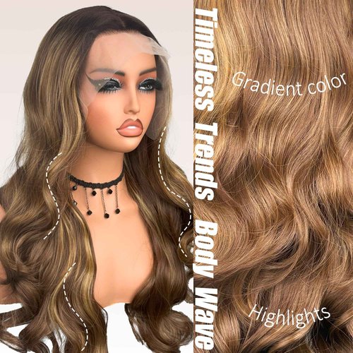 Honey Brown Body Wave Synthetic Wig 26 Inch Lace Front Ombre Brown balayage Wig Pre Plucked Pre Cut 13 * 4 HD Lace Heat Resistant Synthetic Highlights Wig for Women