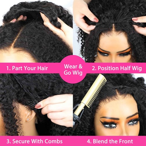 veravicky Curly Half Wig Human Hair - 180% Density Wear Go Glueless Wigs Human Hair 12 Inch Kinky Curly 3 In 1 Half Wig for Women Drawstring Seamless Flip Over Headband Wig Beginner Friendly