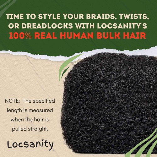 Locsanity Afro Kinky 100% Bulk Natural Human Hair - Braiding Hair for Dreadlocks, Loc Repair, Dreadlock Extensions, Twists, Braids - 16 Inches Long, 1 Oz