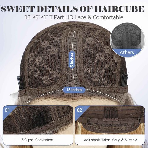 HAIRCUBE Human Hair Wig Lace Front Wig Ombre Ash Blonde Glueless Layered Shoulder-Length HairWigs for Women, Human Hair Blend, 13"×5"×1" HD Lace, 18 Inch Daily Use