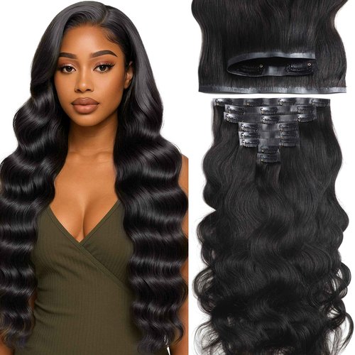 Lacer Body Wave Clip in Hair Extensions Real Human Hair, Seamless 7 Pcs 115g Wavy Human Hair Clip in Extensions for Women Natural Black 18 Inch