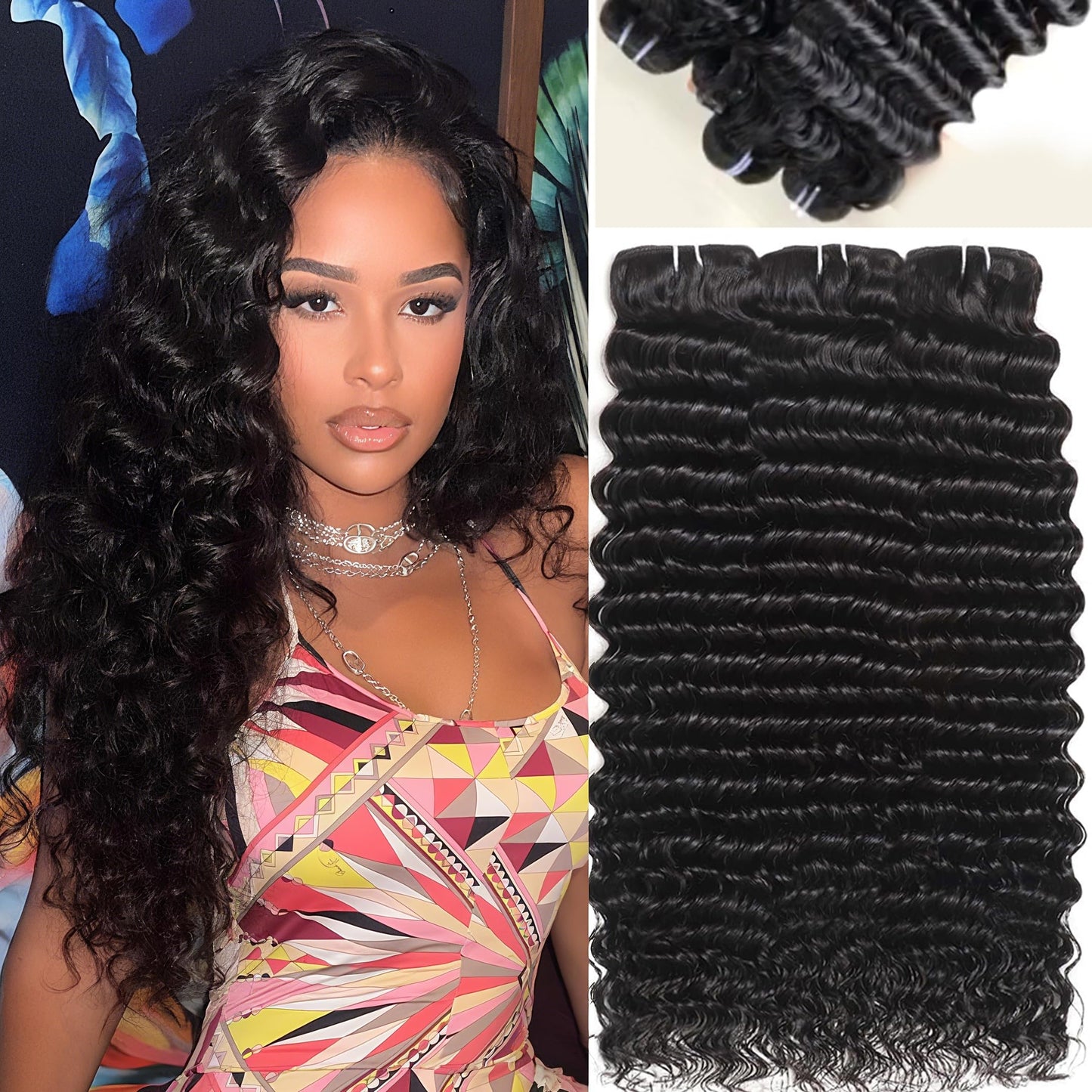12A Virgin Deep Wave Human Hair Bundles 18 20 22 Inch Curly Bundles Human Hair 100% Unprocessed 3 Bundle Brazilian Human Hair Extensions Quick Weave Natural Black Color