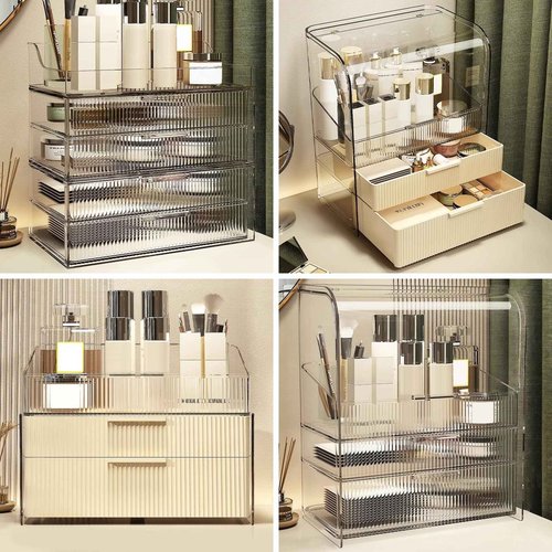 DASITON Clear Dustproof Four layers Storage Box,Makeup Brush Holder,Large Capacity Desktop Storage Box with Drawer,for Beauty Products,Perfume,Jewelry,Nail Polish