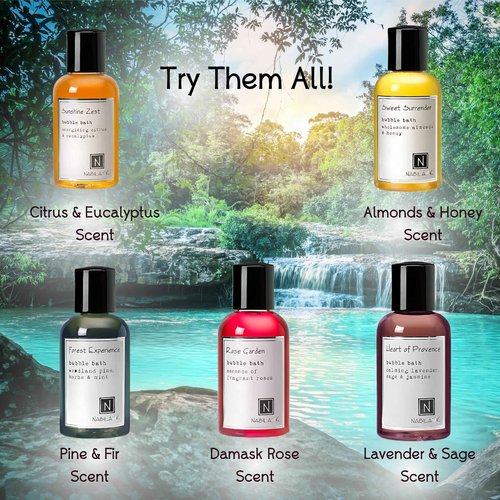 Assorted Travel Size Bubble Bath Collection (Set of 5) by Nabila K - Forest Experience, Sunshine Zest, Rose Garden, Sweet Surrender, Heart of Provence - Essential Oils with Natural Ingredients - 2 oz