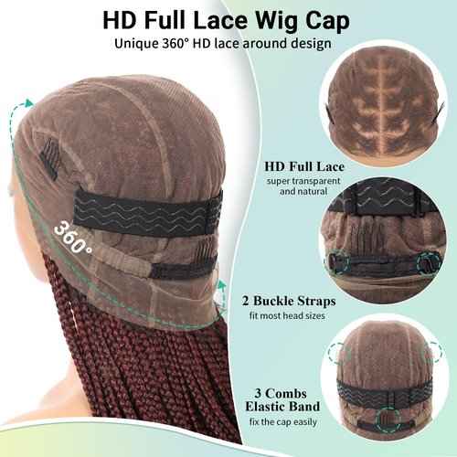 Fecihor 360 HD Full Lace Knotless Braided Wigs with Baby Hair Box Braid Wig for Women Premium Synthetic Burgundy Natural Braided Lace Front Wigs 36 Inch
