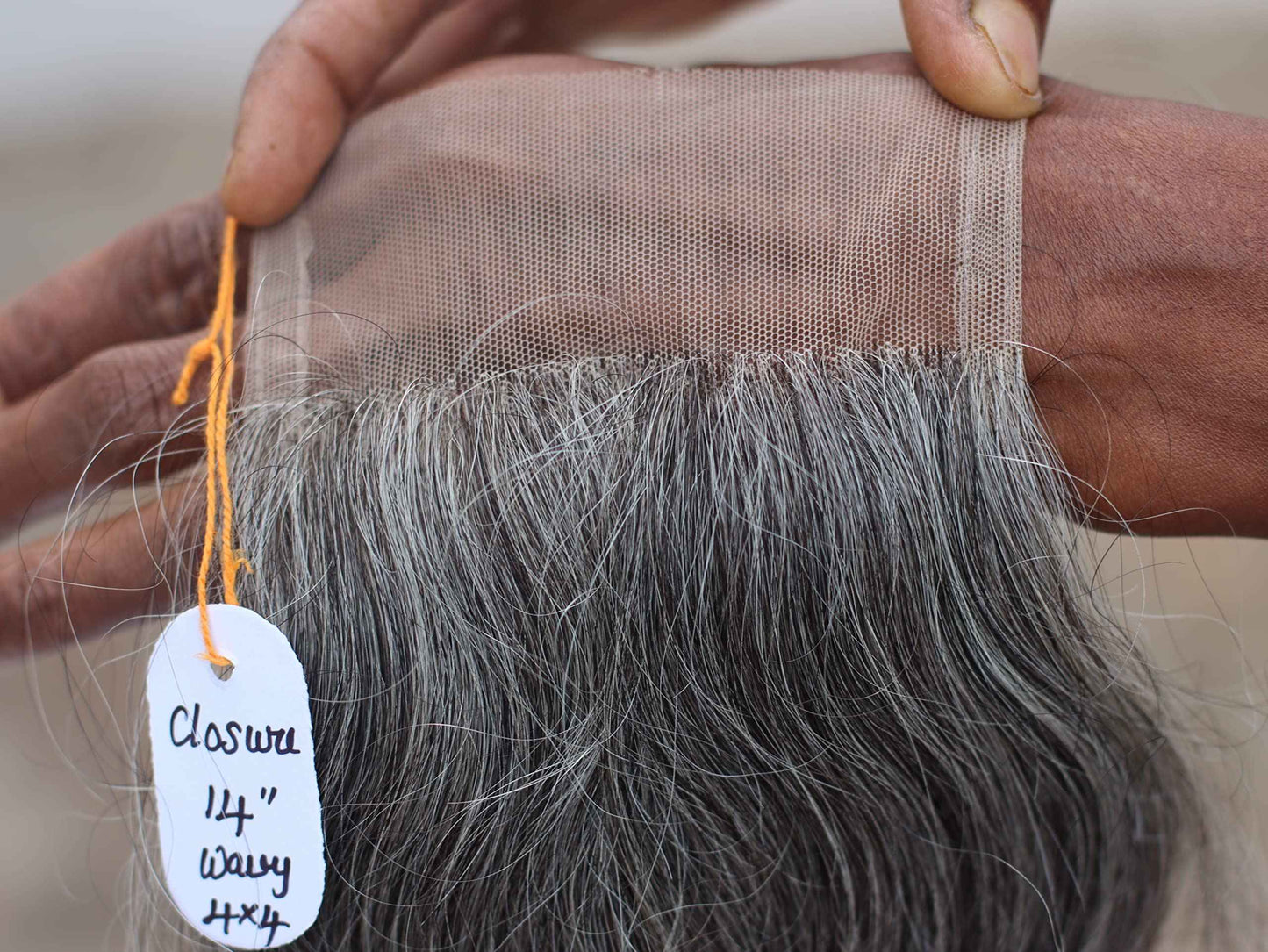 4x4 Closure 14" Salt & Pepper/Natural Gray Transparent Lace Hand Made with 100% Natural Indian Virgin Temple Raw Hair