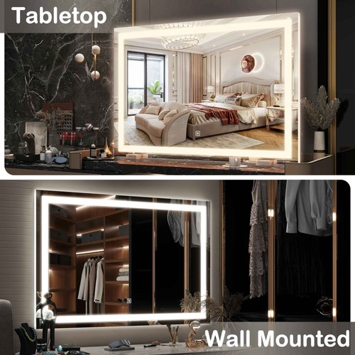 FENNIO Makeup Mirror with Lights 23"x32" ，LED Makeup Mirror ，Large Vanity Mirror with Lights，Touch Sensor with Dimmable 3 Modes, Square White
