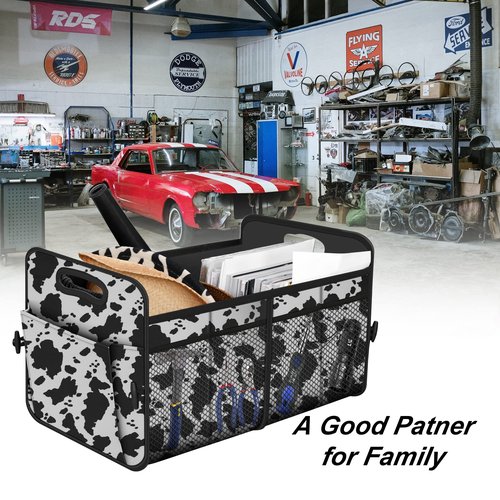 Femuar Car Trunk Organizer,Car Storage Organizer with 72L Large Capacity Waterproof Collapsible and 11 Pockets,Trunk Organizer for Car Suv/Jeep/Sedan, Large Size, Cow print