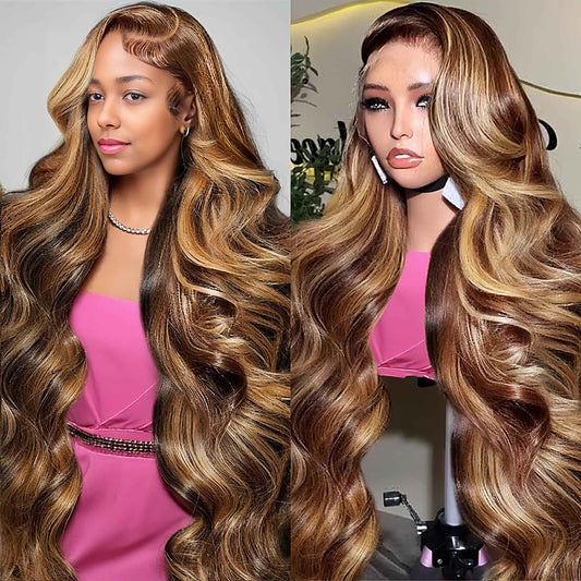 30 Inch Honey Blonde Wig Human Hair 200 Density Ombre 13x6 HD Lace Front Wigs Body Wave Highlight Human Wig Pre Plucked with Baby Hair P4/27 Colored Human Hair Frontal Wigs for Women