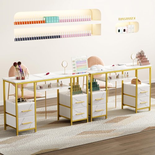 BSONE Nail Desk for Nail Tech – White & Gold Manicure Table with 4 Storage Drawers, Faux Marble Nail Station for Salon or Home