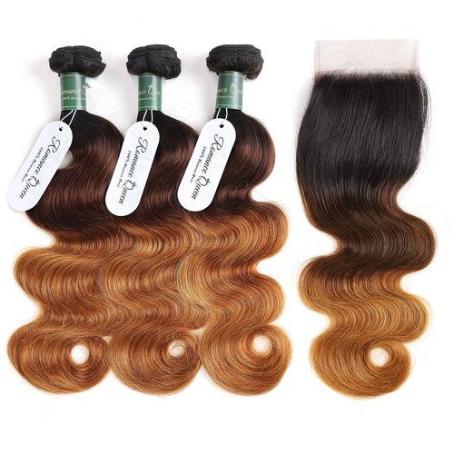 Ombre Bundles With Closure Body Wave Human Hair Brazilian Human Hair 3 Bundles With Closure Weave Hair Human Bundles (12 14 16 + 10 inch, T1B/4/30)