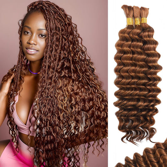 Human Braiding Hair for Boho Braids 120g 12A Deep Water Wave Bulk Human Hair Knotless Boho Braiding Curly 100% Virgin No Weft Extensions Bohemian Braids 3 Bundles/Pack Auburn Ginger 24 Inch