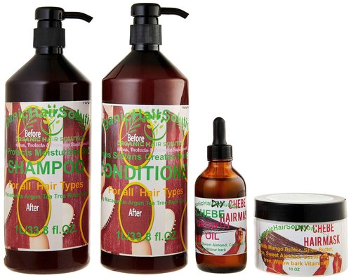 Organic Hair Solution-CHEBE Hair Growth Set - Shampoo- Conditioner-Oil & Hair Mask Leave in Cream- Castor Oil- Mango Butter-Tea Tree-Willow Bark-Rice milk-For Stronger, Thicker Longer Hair-Healthier