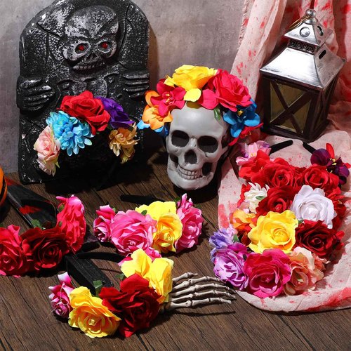 Xinnun 18 Pcs Mexican Rose Flower Crown Headband Easter Mardi Gras Headpiece Cosplay Headgear for Party