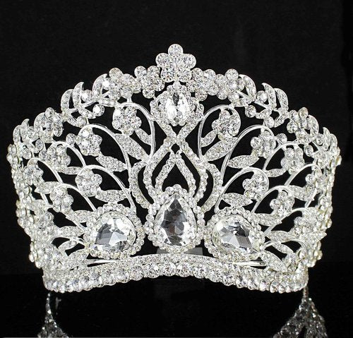 Janefashions Large Floral Clear White Austrian Rhinestone Crystal Tiara Crown With Hair Comb Headband Veil Headpiece Beauty Queen Princess Pageant Theater Show Bridal Gold Plated Silver Plated T901 (Silver Plated)