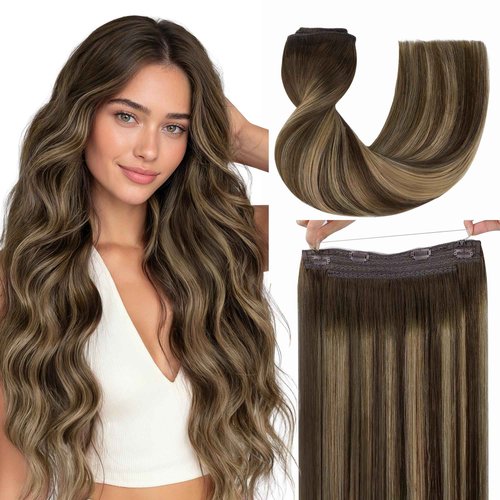 GOO GOO Wire Hair Extensions Human Hair, 4/27/4 Chocolate Brown with Caramel Blonde Balayage 16inch 95g, Invisible Wire Hair Extensions with Transparent, Seamless Fish Line Hairpiece