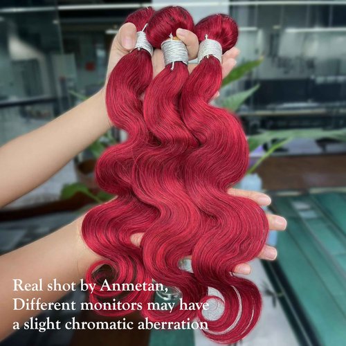 Anmetan Red Burgundy 3 Bundles Human Hair Body Wave, 12A Colored 100% Unprocessed Remy Hair Soft and Bouncy Burgundy Cherry Red 99J Human Hair Wavy Bundles Sew in Double Weft Quick Weave 12 14 16 Inch