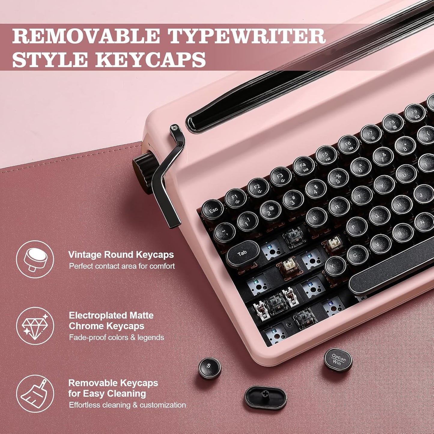 YUNZII QL75 Wireless Typewriter Hot Swap Retro Mechanical Keyboard,Punk Round Keycaps,RGB Backlit QMK/VIA Programmable,Multi-Device Keyboard with 2.4GHz/Type-C/BT5.0 (Pink, Cocoa Cream V2 Switch)