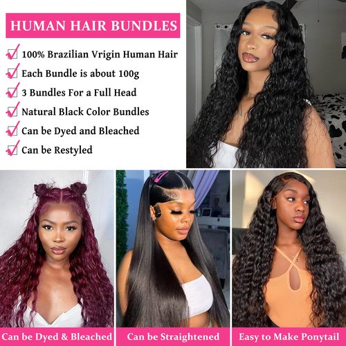 Deep Wave Human Hair Bundles 18 20 22 Inch 100% Unprocessed Brazilain Virgin Hair Water Curly Human Hair Natural Wave Wet and Wavy Bundles Human Hair Extensions