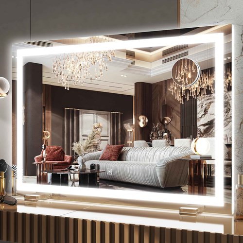 FENNIO Makeup Mirror with Lights 23"x32" ，LED Makeup Mirror ，Large Vanity Mirror with Lights，Touch Sensor with Dimmable 3 Modes, Square White