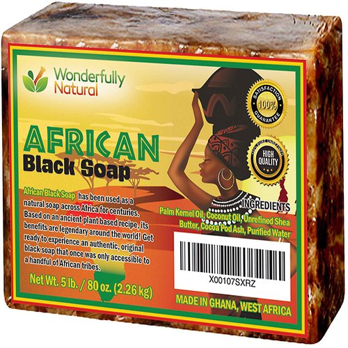 Wonderfully Natural Organic African Black Soap - 5 Pound Best for Acne, Eczema, Dry Skin, Psoriasis, Scars, Dermatitis, White Heads Pimples, Face & Body Wash, Raw Handcrafted Beauty Scrub Bar
