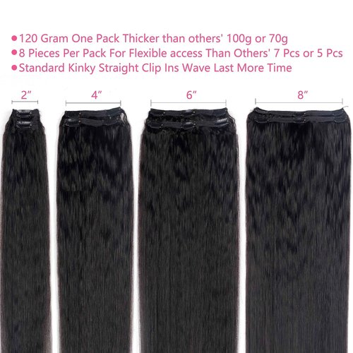 Mihugass Clip in Hair Extensions Real Human Hair Natural Black Kinky Clip ins Seamless Kinky Straight Clip on Hair Extensions for Women 8pcs with 18 Clips 120g(26inch)