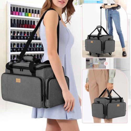 LUXJA Rolling Nail Polish Organizer Holds 90 Bottles and a Nail Lamp, Rolling Nail Polish Case with a Detachable Dolly and 3 Removable Cases (Patented), Gray