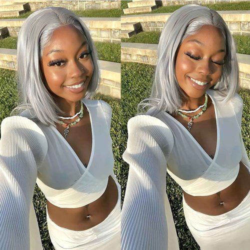 Silver Grey 13x4 Lace Front Bob Wig Brazilian Virgin Human Hair Wig Pre Plucked Hairline with Baby Hair UHD Transparent Lace Natural Looking Bleach Knots Glueless Wigs for Women 180% Density 10 Inch