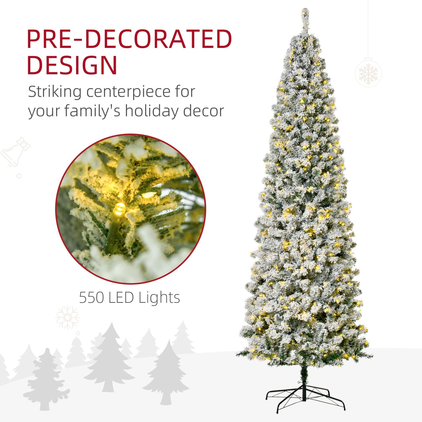 9ft Prelit Snow Flocked Pencil Christmas Tree with Warm White LED Lights