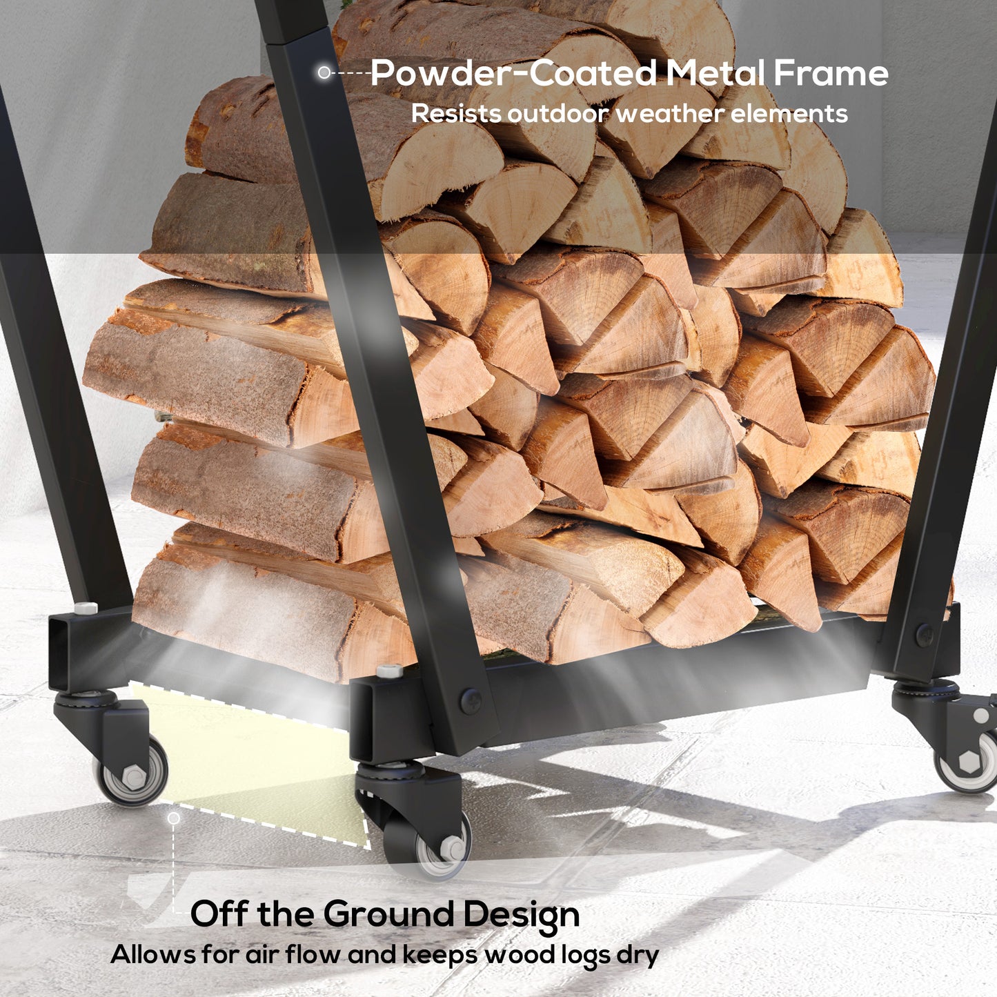 Firewood Rack with Wheels - Metal Log Holder with Kindling & Tool Hooks, Indoor/Outdoor, 31.1 x 11.8 x 31.9 Inches, Black