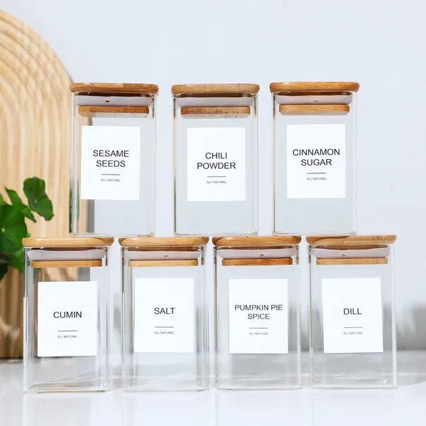 18 PCS Square Seasoning Jars - Bamboo & Glass Spice Containers