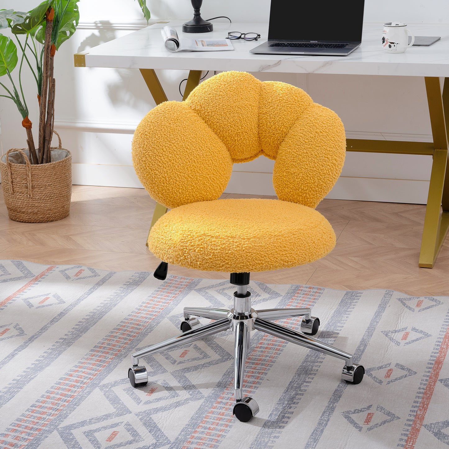 Height Adjustable 360° Swivel Chair - Yellow Teddy Fabric