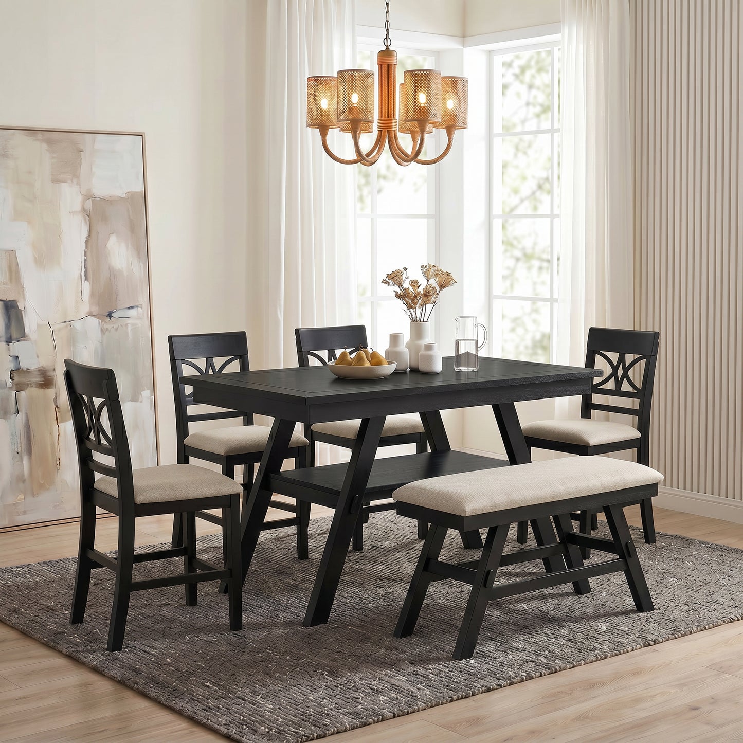 6-Piece Wood Counter Height Dining Table Set with Storage Shelf