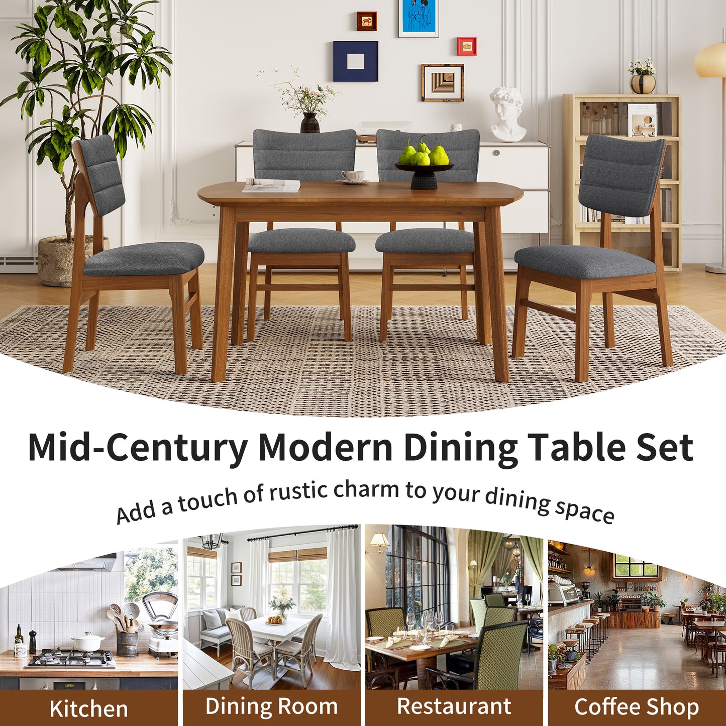 Farmhouse Dining Table Set for 4 with Upholstered Chairs - Brown & Gray