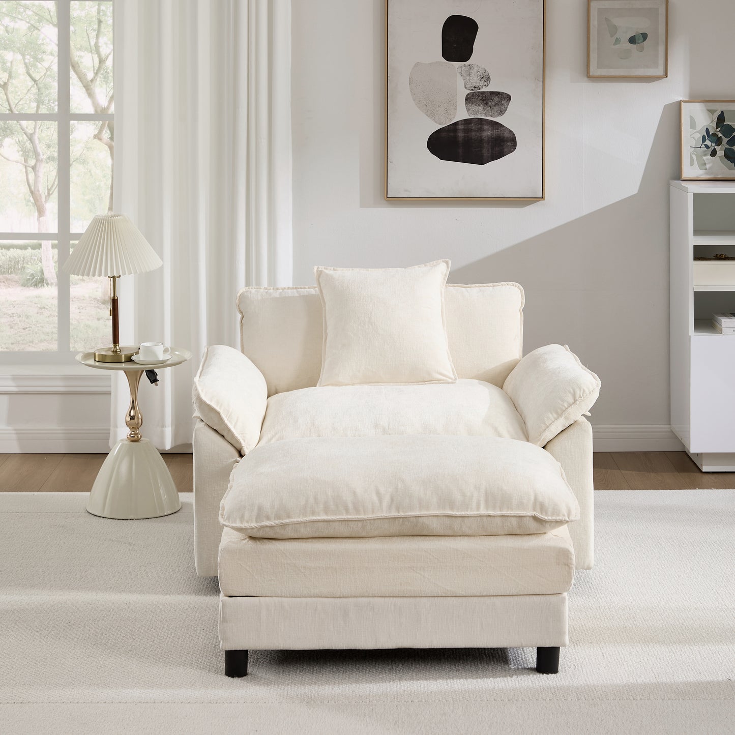 Modern Chenille Accent Chair with Ottoman - Beige Upholstered Armchair