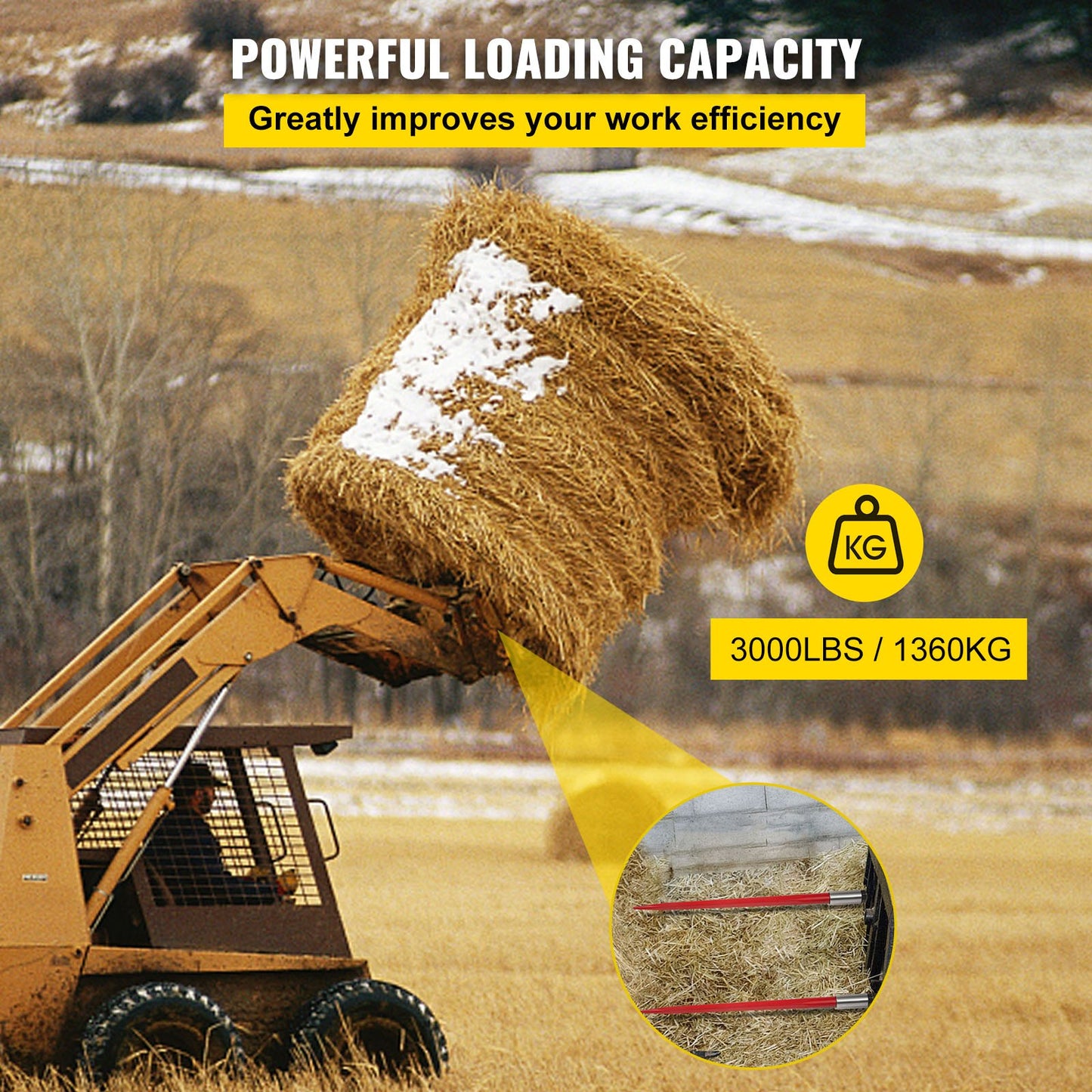 Hay Bale Spear 43-Inch Heavy-Duty Quick Attach Square Bale Fork 3000Lbs Capacity - Red Coated
