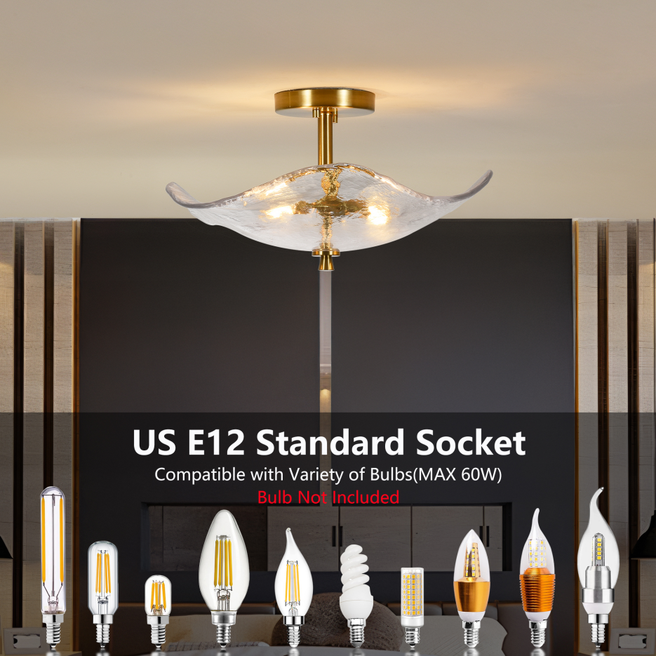 16.5 Inch Gold Semi Flush Mount Ceiling Light Modern Glass Fixture for Bedroom Bathroom Kitchen